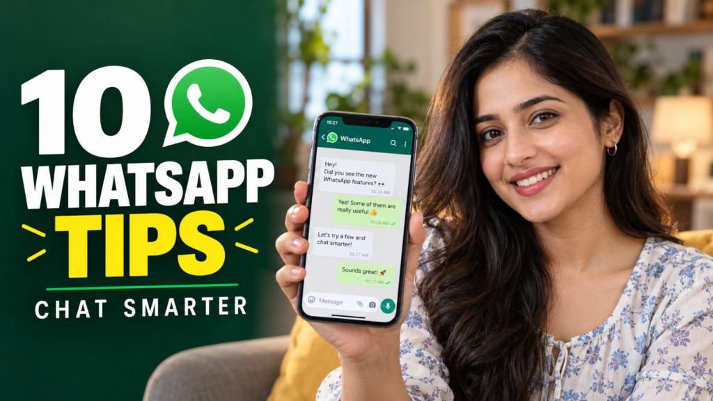 10 WhatsApp Tips That Will Change How You Chat, illustrated with a smartphone and messaging tools.